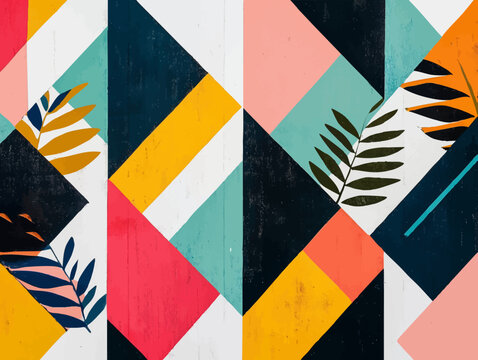 wallpaper, carta da parati geometrica con simboli che richiamano la natura, colori tenui per interni e case di design