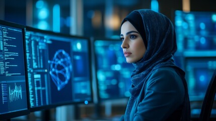 Naklejka premium A Middle Eastern woman in a hijab working as a cybersecurity analyst monitoring cyber threats on multiple screens deep blue cyber-themed lighting