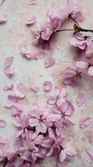 Delicate pink cherry blossoms scattered gracefully over a soft pastel background, evoking feelings of renewal and tranquility in springtime