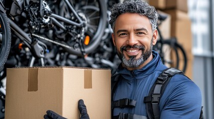 Delivery professional carrying a cardboard box in a bike storage facility during daytime