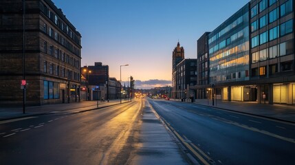 Fototapeta premium Empty city street at dawn, buildings on both sides, soft light.