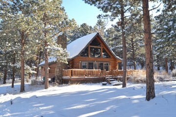 Cozy log cabin nestled in snowy forest.  Large windows overlook pristine winter landscape.  Wooden deck and steps leading to the front door.  Sunlight streams through trees.  