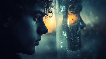 A person looking at their reflection in a window, a mirror to their own state of mind 