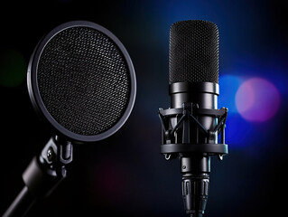 Close up of microphone and pop filter, showcasing intricate details in dimly lit setting, creating professional atmosphere