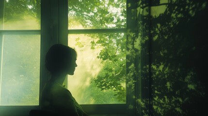 Silhouette of a Woman Gazing Out a Window Surrounded by Lush Greenery and Soft Light