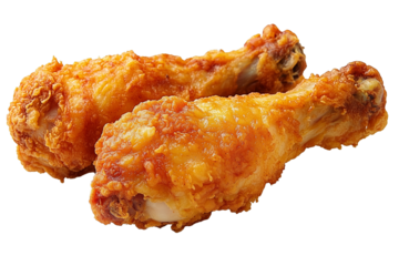 PNG cut out isolated background. Two crispy deep-fried chicken drumsticks isolated on a white background.
