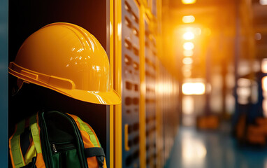 safety helmet and backpack are placed near locker in construction site, symbolizing readiness and safety