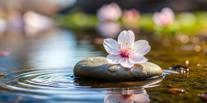 Lone Cherry Blossom Resting on a Smooth River Stone