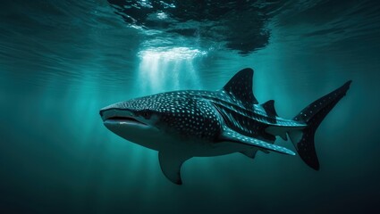 Fototapeta premium A majestic whale shark glides effortlessly through the deep blue ocean illuminated by sunlight beams