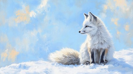 Naklejka premium A fluffy Arctic fox sitting in the snow with a soft blue sky in the background
