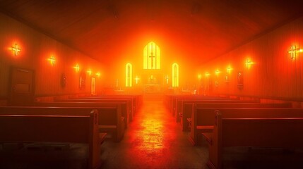 Orange Lit Empty Church Interior