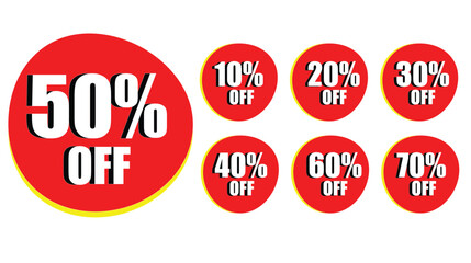 Discount Tags With 10%, 20%, 30%, 40%, 50%, 60%, And 70% Off On White Background