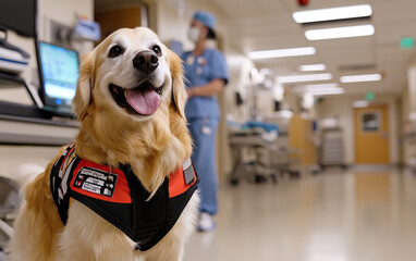 friendly dog, therapy, in hospital setting, providing comfort and support to patients. atmosphere is warm and inviting