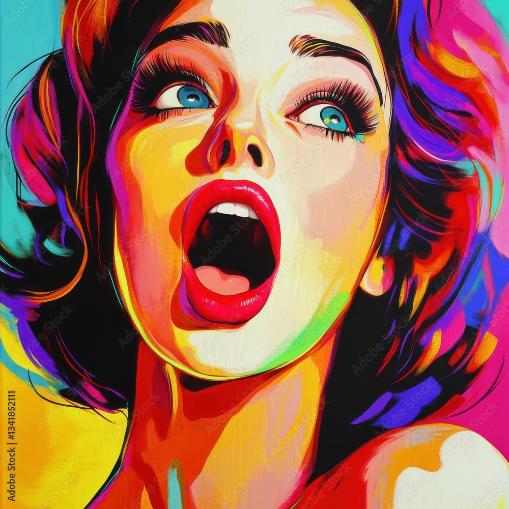 Aufkleber Vibrant expression of joy captured in colorful portrait of a woman with open mouth in expressive art style