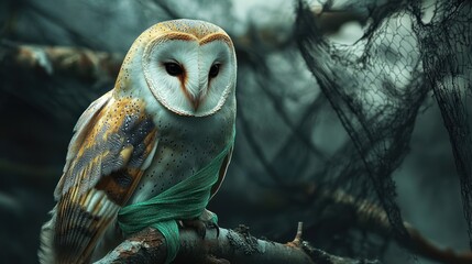Barn owl perched on branch, spooky background, wildlife, nature photography
