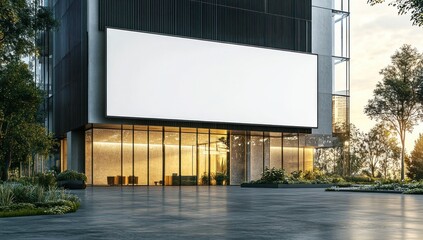 modern building facade with blank billboard amidst lush greenery urban advertising potential