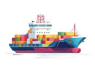 Global Trade in Motion: A vibrant cargo ship navigates the open waters, laden with colorful shipping containers, representing the flow of international trade and logistics. 