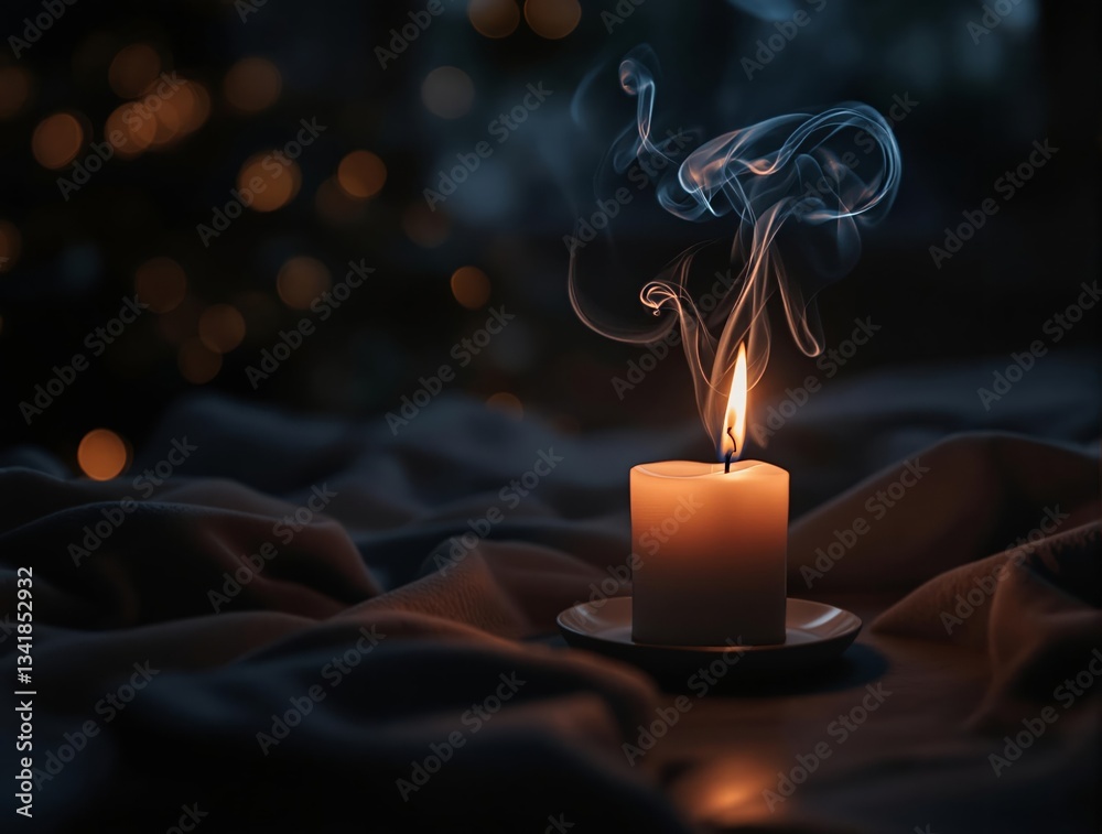 Poster A lit candle with smoke emanating from it, set against a blurred background with bokeh effects. The candle is placed on a surface with a cloth, and the background is dark with some lights visible.