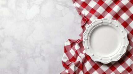 Clean white plate resting on a red and white checkered tablecloth with marble background, perfect for a summer picnic or a cozy meal setting