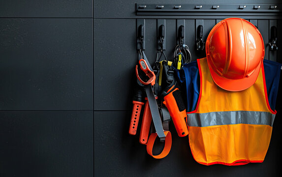 Safety gear including hard hat, high visibility vest, and tools hanging on wall, showcasing essential work equipment