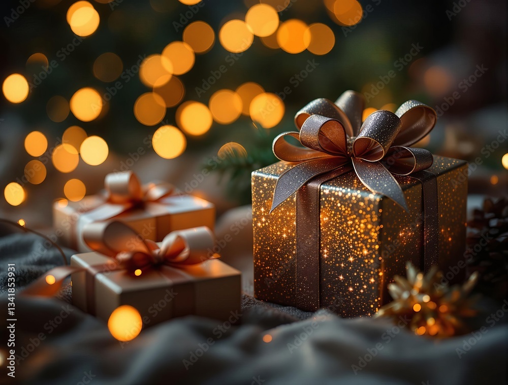 Poster a festive scene featuring three golden gift boxes adorned with bows and ribbons, set against a backd