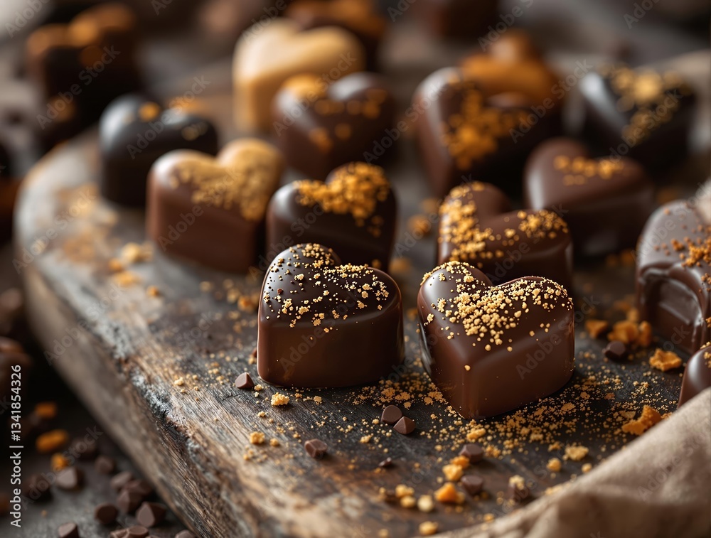 Poster a wooden surface adorned with heart-shaped chocolates, each generously drizzled with a golden granul