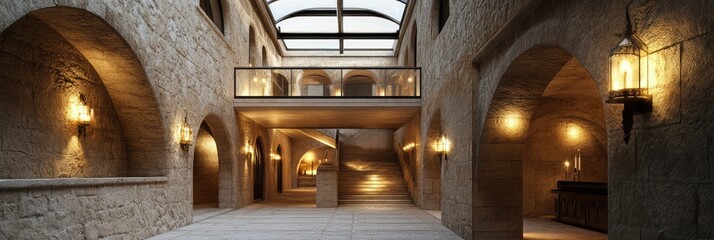 Obraz premium Luxurious Stone Courtyard Interior with Archways and Skylight