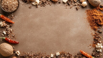 Spice varieties and culinary ingredients arranged on a textured surface for a cooking demonstration or culinary presentation