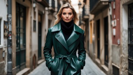 Fototapeta premium A young woman in a stylish green coat posing confidently in a narrow, urban alleyway. The backdrop features classic architecture and cobblestone