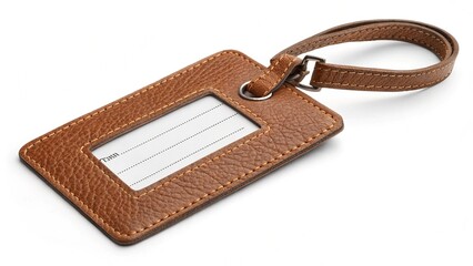 Brown leather luggage tag with a blank insert on a white background.

