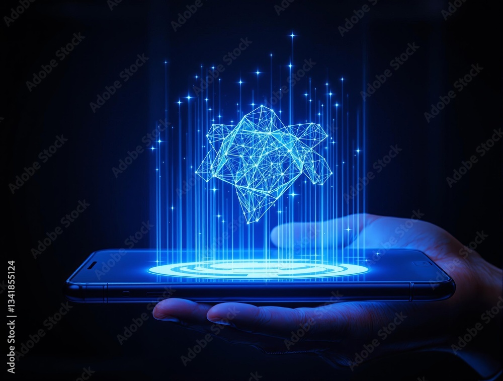 Aufkleber a person's hand holding a smartphone with a digital interface, illuminated by a blue hue, against a 