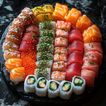 Sushi platter mirrored on obsidian surface, drone shot from top to bottom + 15&deg; elevation