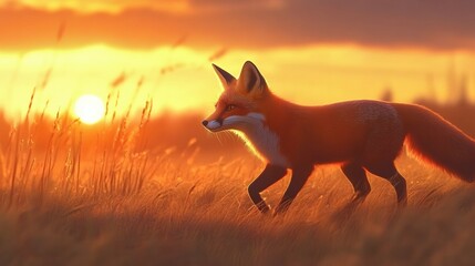 A red fox hunting in an open field during the golden hour