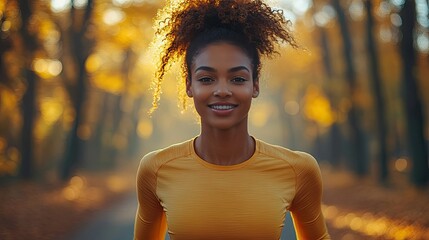 Happy woman jogging in autumn park
