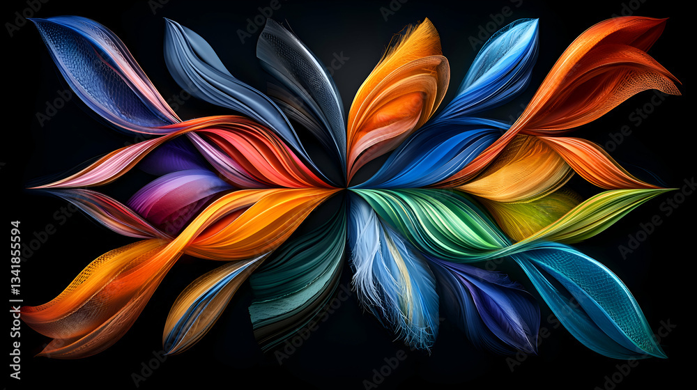 Poster abstract wavy background featuring bright symmetrical patterns with dynamic colorful swirls on a bla