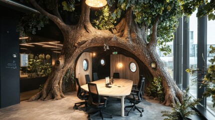 Modern meeting room, designed with a large tree, conference, interior, office, contemporary, cozy,  and stylish.