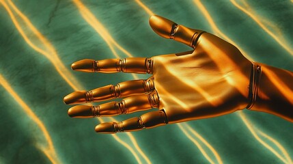 Golden robotic hand in abstract background
