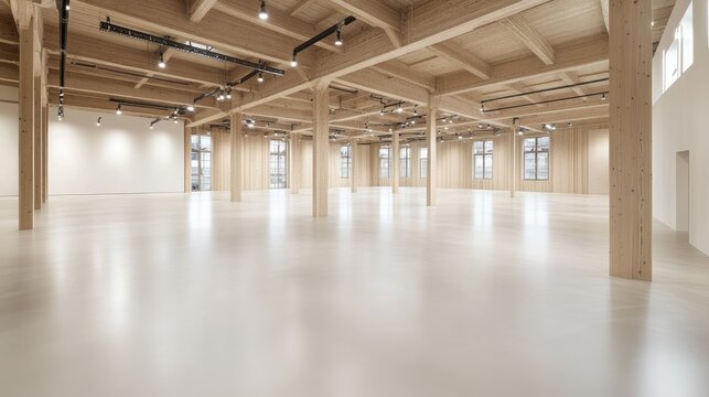 Modern exhibition space with wooden beams and ample lighting in a contemporary architecture setting