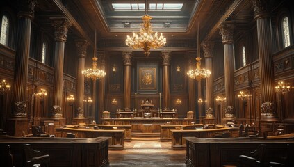 Fototapeta premium inside opulent courtroom majestic chandeliers illuminate intricate woodwork and towering columns creating a solemn space