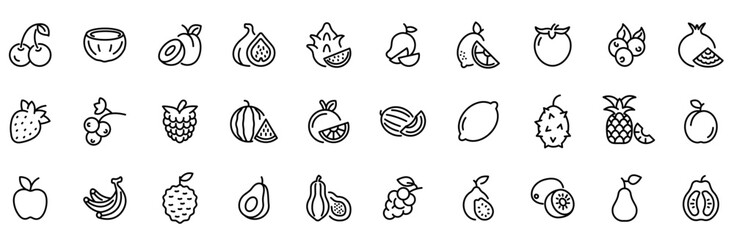 Fruits web line icons. Vegetables and berries. Editable stroke. Vector illustration