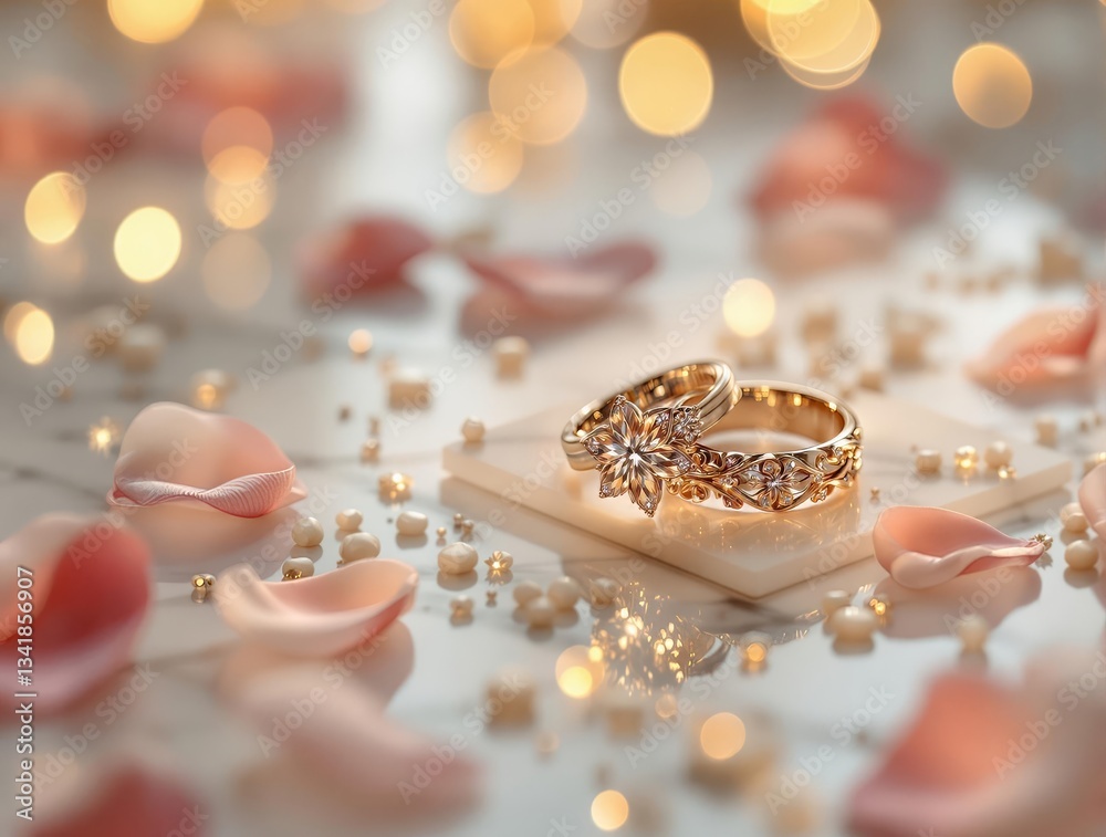 Poster a close-up shot of a gold ring placed on a surface surrounded by rose petals and illuminated by a so