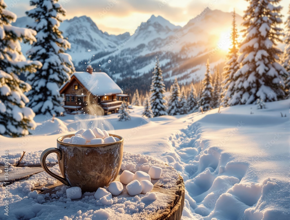 Poster a serene winter scene featuring a wooden log with a cup of hot beverage, surrounded by snow-covered 