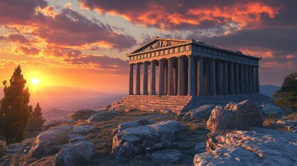 Obraz premium ancient temple nestled atop a rocky hill bathed in the golden light of a vibrant sunset horizon