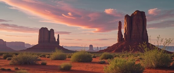 Vast Desert Landscape Under Dramatic Sky at Sunset with Towering Rock Formations and Lush Vegetation Peeking Through Ground.