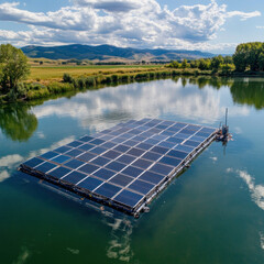 floating solar panel system on serene lake with scenic hills and clouds in background