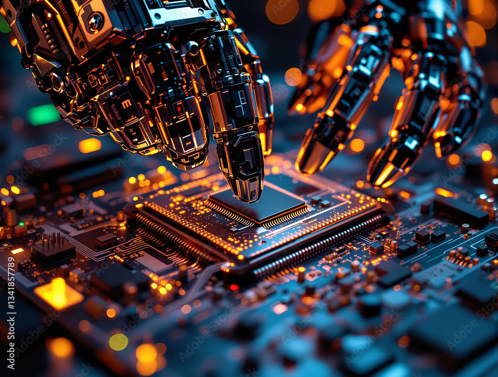 Poster a close-up of a robotic hand meticulously inspecting a circuit board, illuminated by a series of lig