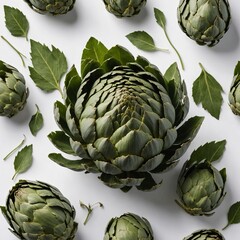 Fototapeta premium A fresh, green artichoke with layered petals, lying on a transparent white clear background.