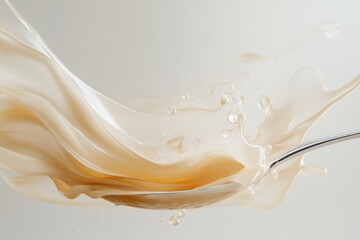 Creamy beige liquid splashing dynamically from a spoon, creating an elegant and luxurious visual.