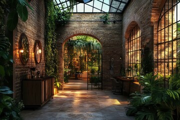 Obraz premium Luxurious Indoor Garden in a Historic Brick Building