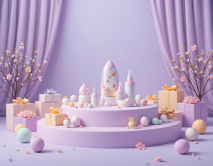 Pastel Easter Display with Eggs, Gifts, and Beauty Products on Platform